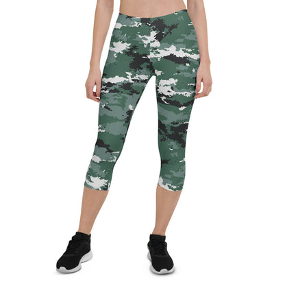 Earth green camo Capri leggings for women by Maroon Sooty, featuring an activewear design with a camouflage pattern.