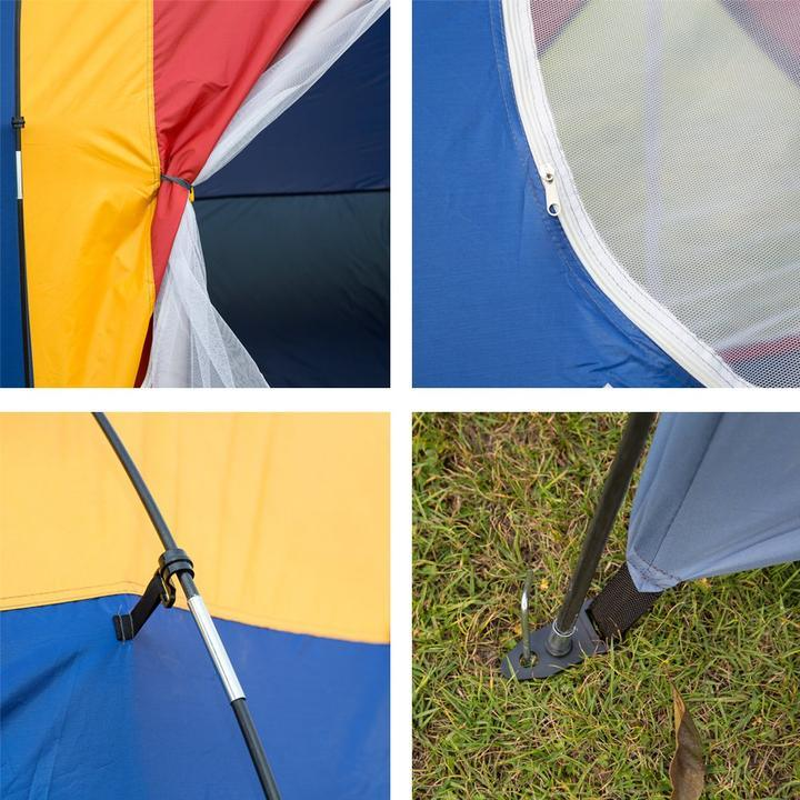 Lilac Milo outdoor 8-person camping tent set up with rainfly and mesh windows, ideal for family camping trips in nature.