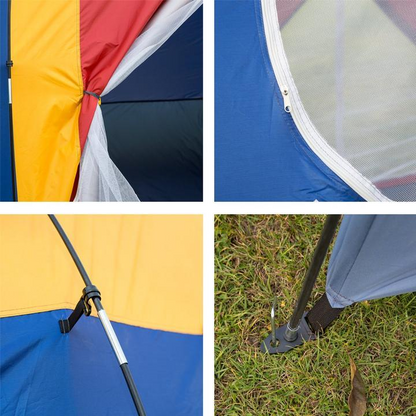 Lilac Milo outdoor 8-person camping tent set up with rainfly and mesh windows, ideal for family camping trips in nature.