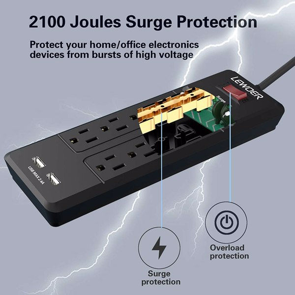 Lilac Milo power strip with 8 AC outlets and 2 USB charging ports, tech accessory for versatile device charging and power management.