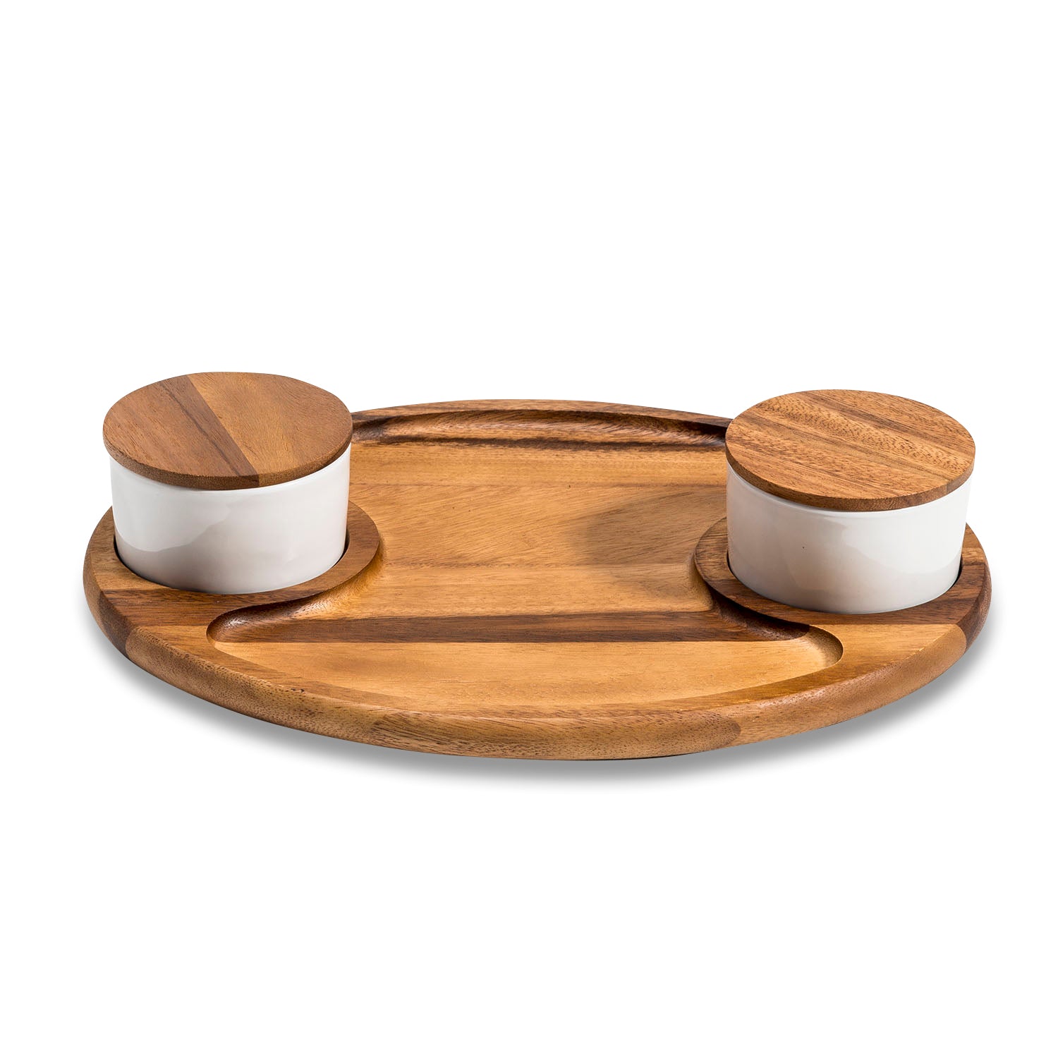 Azure Lily kitchen charcuterie serving tray with two ceramic bowls with lids, perfect for presenting snacks and appetizers.
