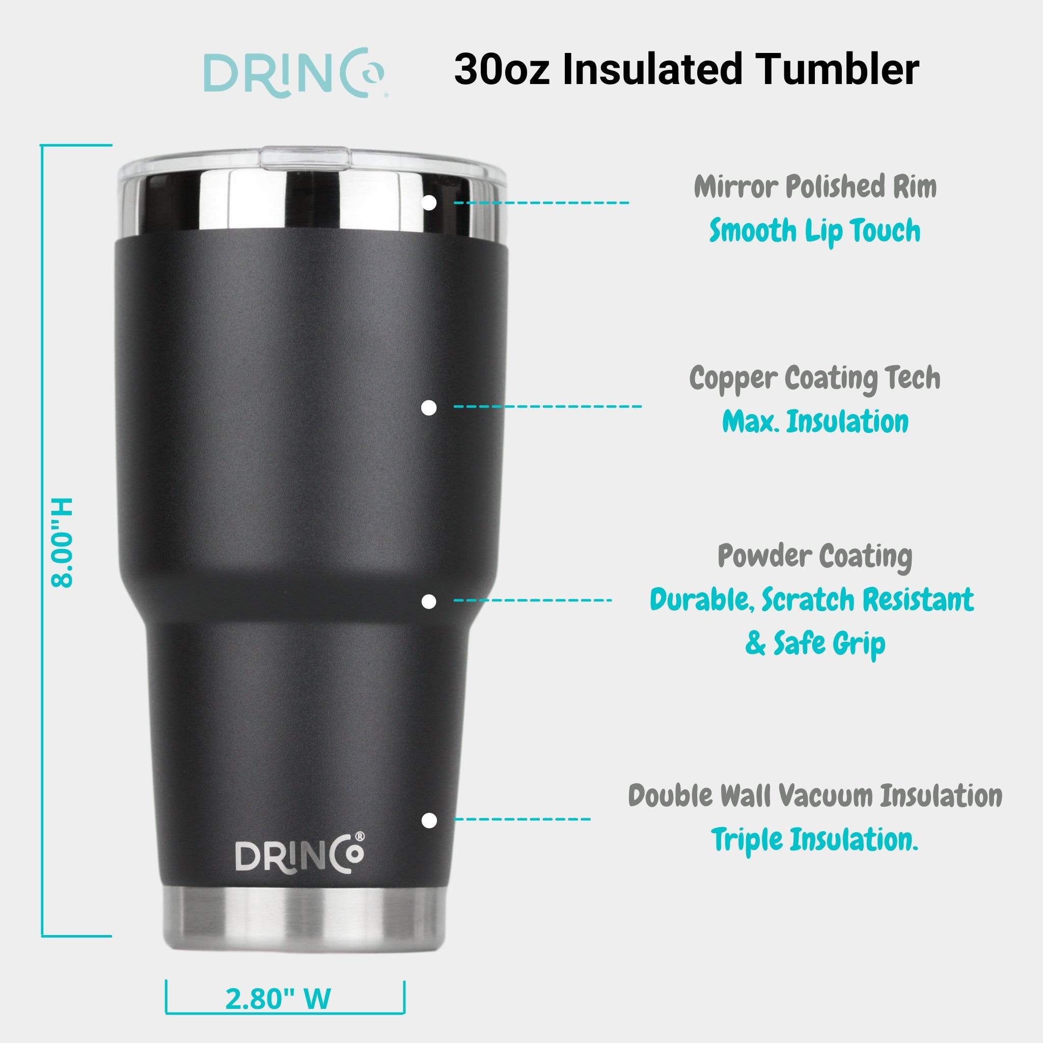 Black DRINCO® 30oz insulated tumbler with spill-proof lid and two straws, designed for drinkware by Orchid Lavender.