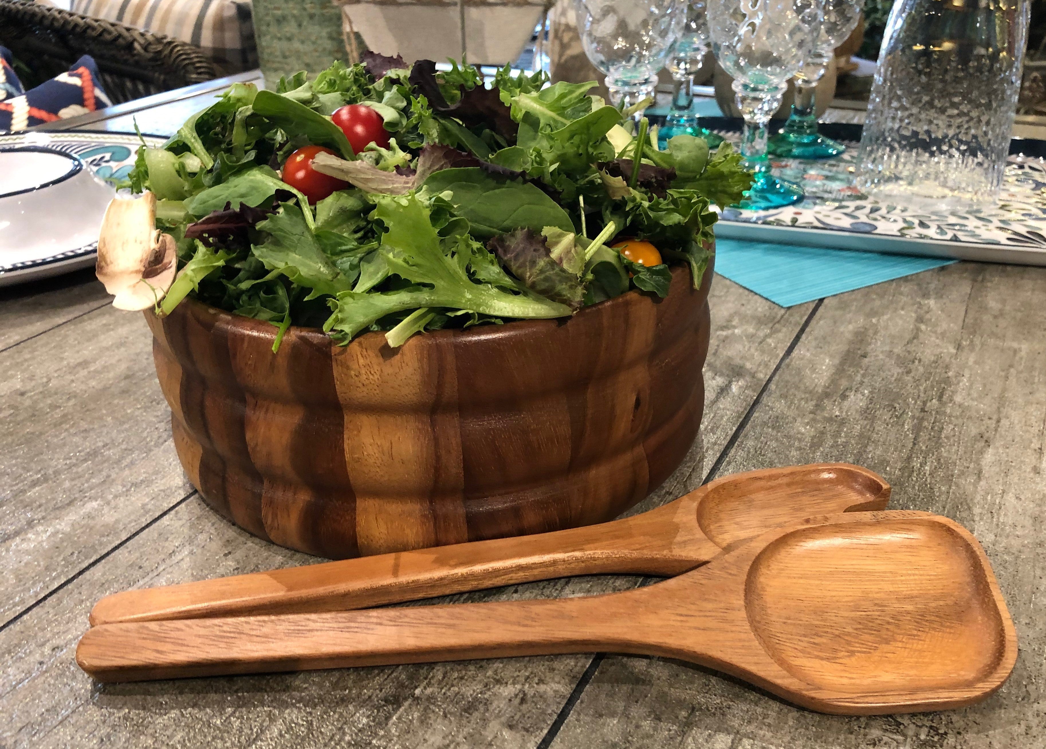 Azure Lily salad bowl with matching servers, ideal for serving fresh salads in home and garden settings.