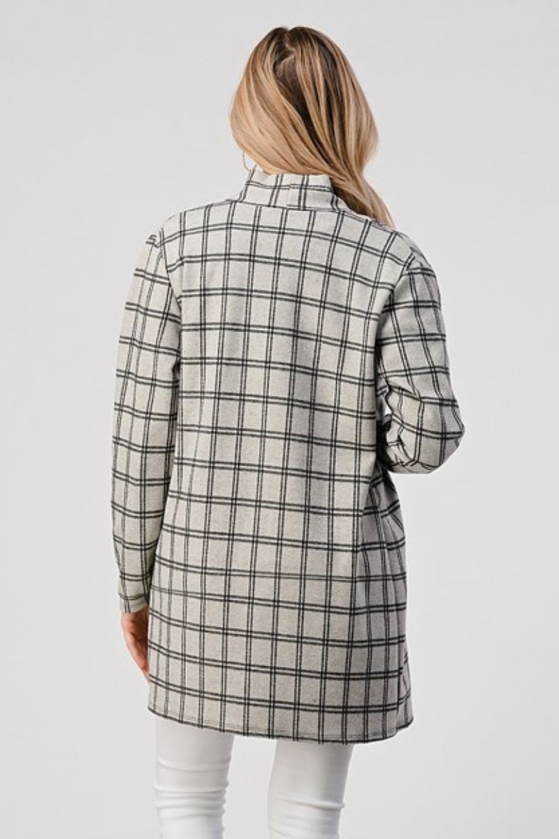 Burgundy Daisy plaid cardigan with long sleeves and front pockets, stylish jackets and coats for casual wear.