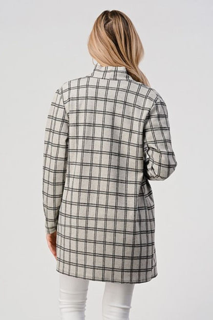 Burgundy Daisy plaid cardigan with long sleeves and front pockets, stylish jackets and coats for casual wear.