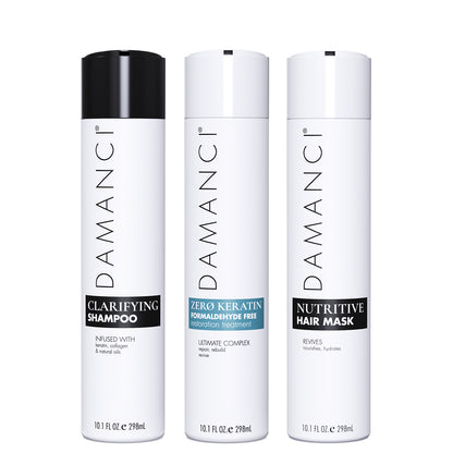 Chocolate Baobab Zerø Keratin Revival Kit for haircare, featuring bottles and treatment tools on a white background.
