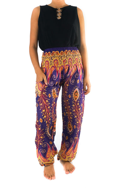 Tan Smokey purple peacock boho hippie gypsy pants with vibrant feather and floral patterns, relaxed fit, and comfortable fabric.