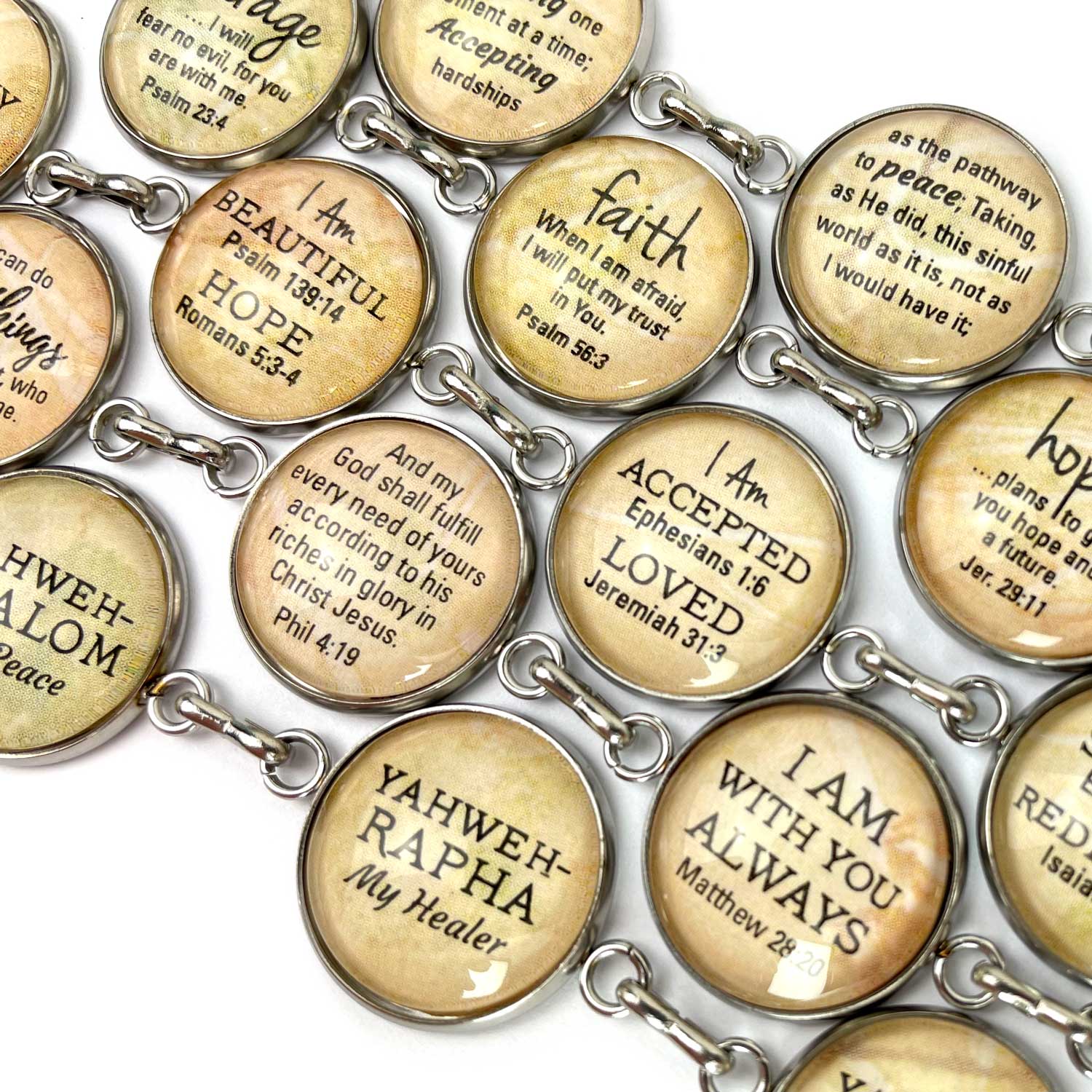 Glass bracelet featuring Philippians 4:8 scripture from Orchid Briseis, with engraved inspirational message and elegant design.