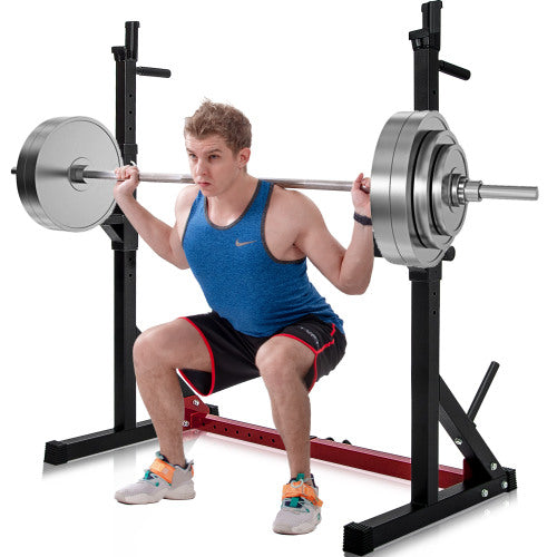 Lilac Milo adjustable barbell rack and squat stand with multi-function dipping station for strength training and outdoor workouts.