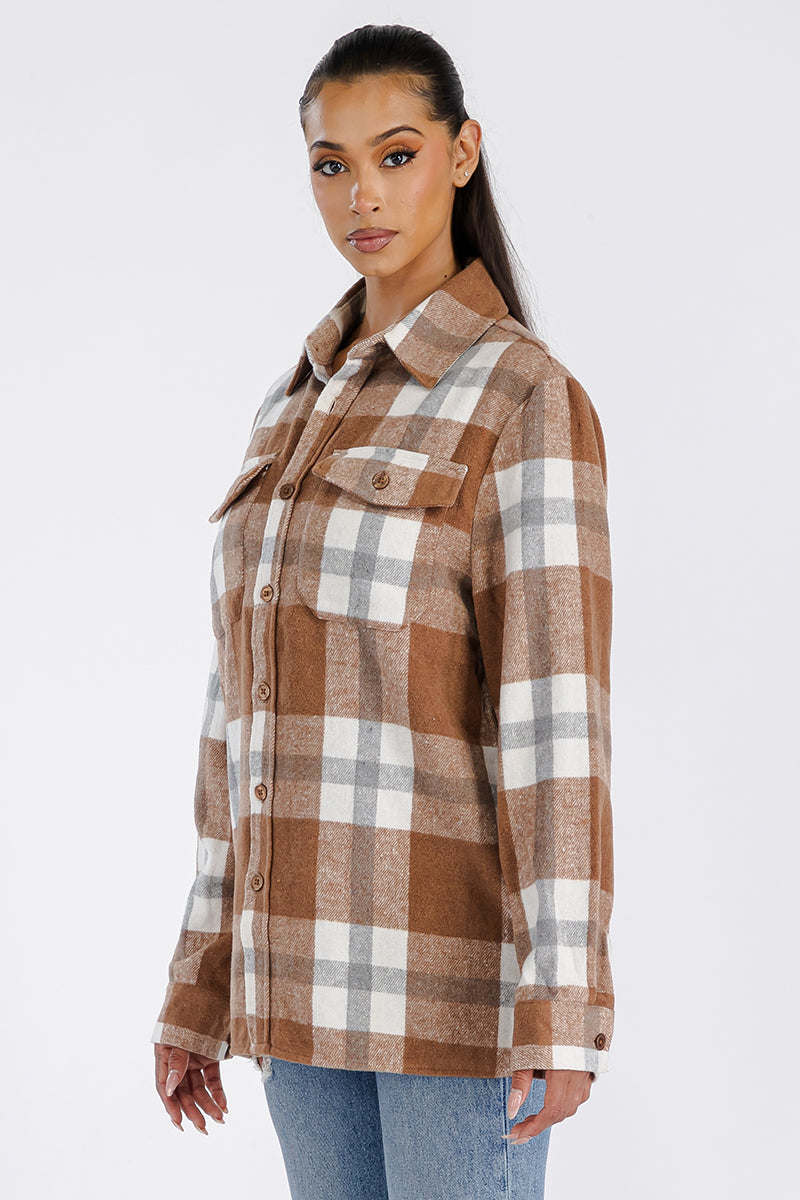 Lime Milo Boyfriend oversized soft flannel shacket in a cozy, relaxed fit, featuring button closure and plaid pattern.