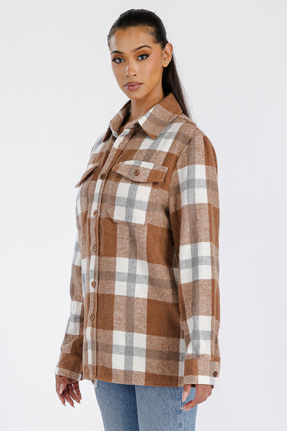Lime Milo Boyfriend oversized soft flannel shacket in a cozy, relaxed fit, featuring button closure and plaid pattern.