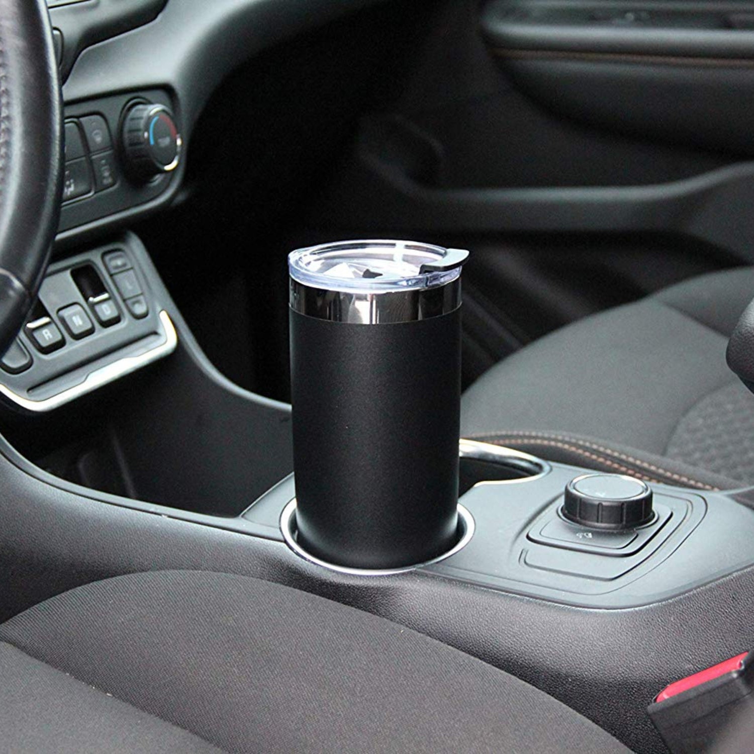 Orchid Lavender DRINCO® 20oz insulated tumbler with spill-proof lid and two straws, black drinkware for hot or cold beverages.