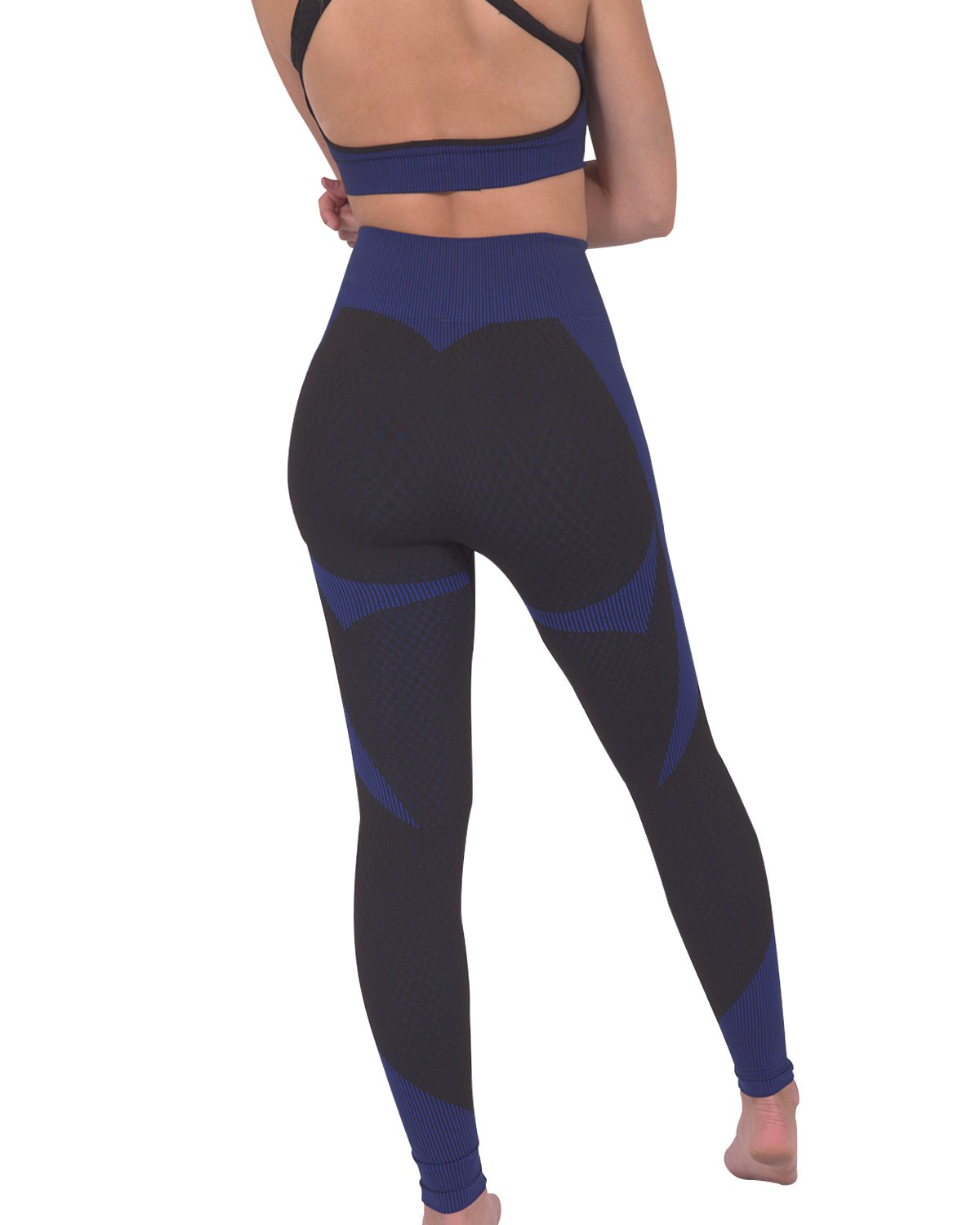 Lazurite Trois Seamless Activewear Leggings in black with navy accents, fitted and stretchy for workout comfort.