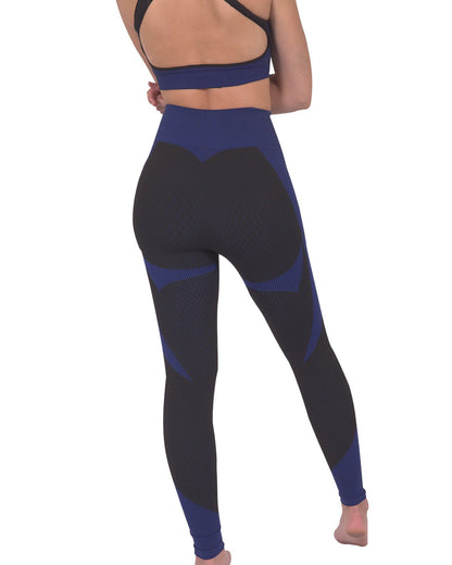 Lazurite Trois Seamless Activewear Leggings in black with navy accents, fitted and stretchy for workout comfort.
