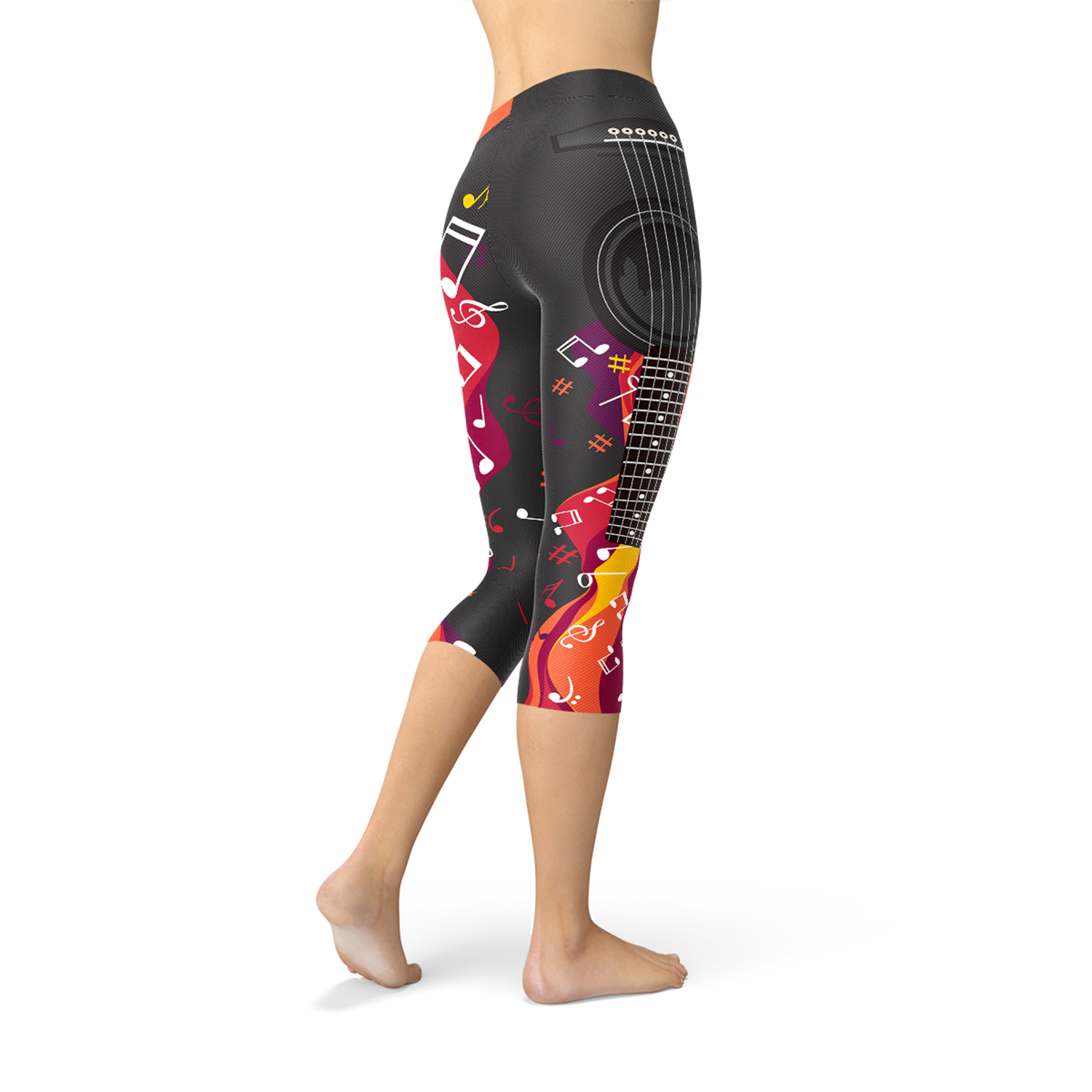 Maroon Sooty guitar and music note print Capri leggings featuring musical instrument and note designs on soft stretchy fabric.