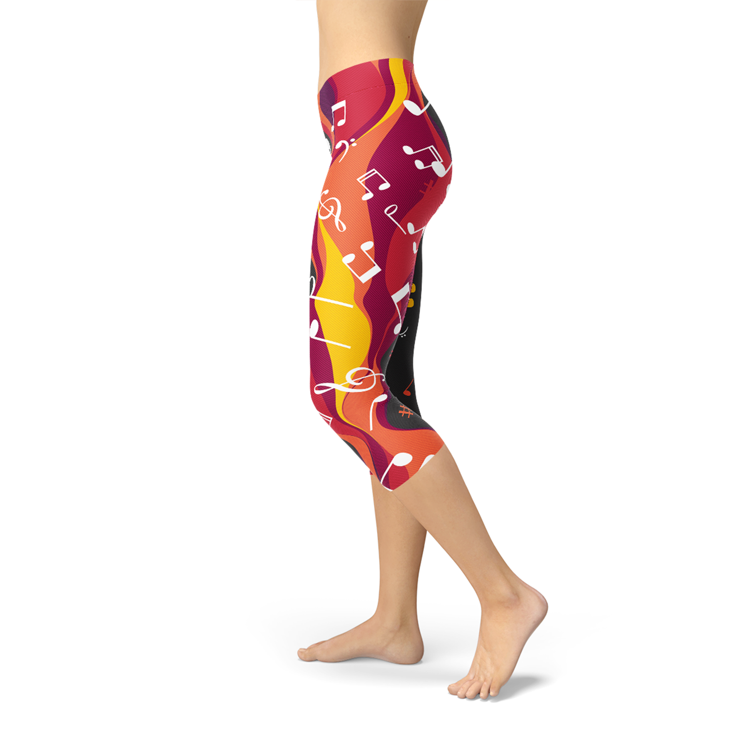 Maroon Sooty guitar and music note print Capri leggings featuring musical instrument and note designs on stretchy fabric