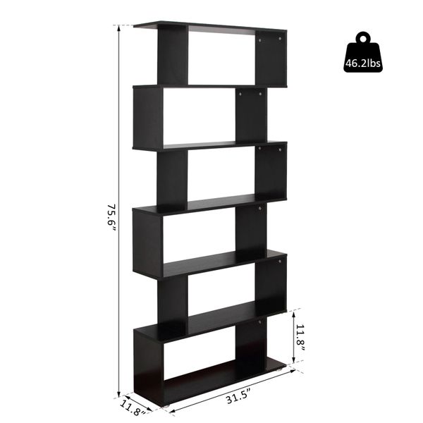 Taupe Shadow HOMCOM wooden S-shape bookcase with six shelves for home and office storage and display.