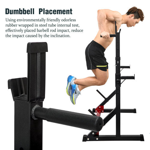 Lilac Milo adjustable barbell rack and squat stand with multi-function dipping station for weightlifting and strength training.
