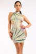 Printed Venezia cutout bodycon dress by Puce Juniper featuring a mock neck, sleeveless design, and slim fit for elegant style.