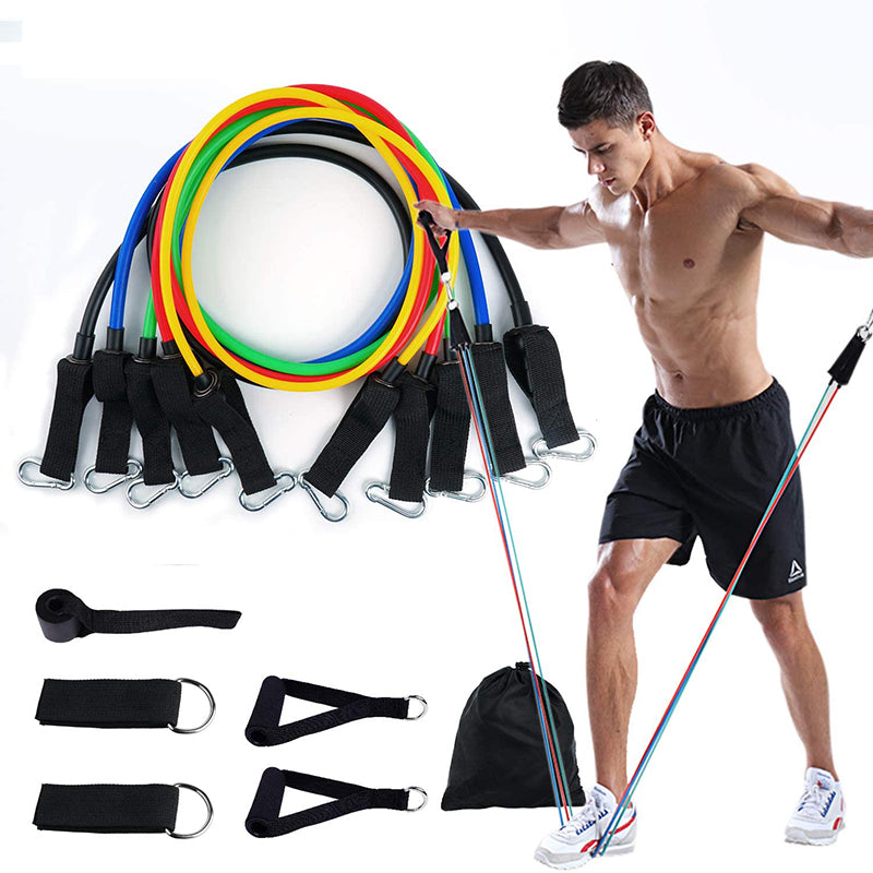 Set of 11 resistance bands from Teal Simba for fitness workouts, shown in various colors and thicknesses on a white background.