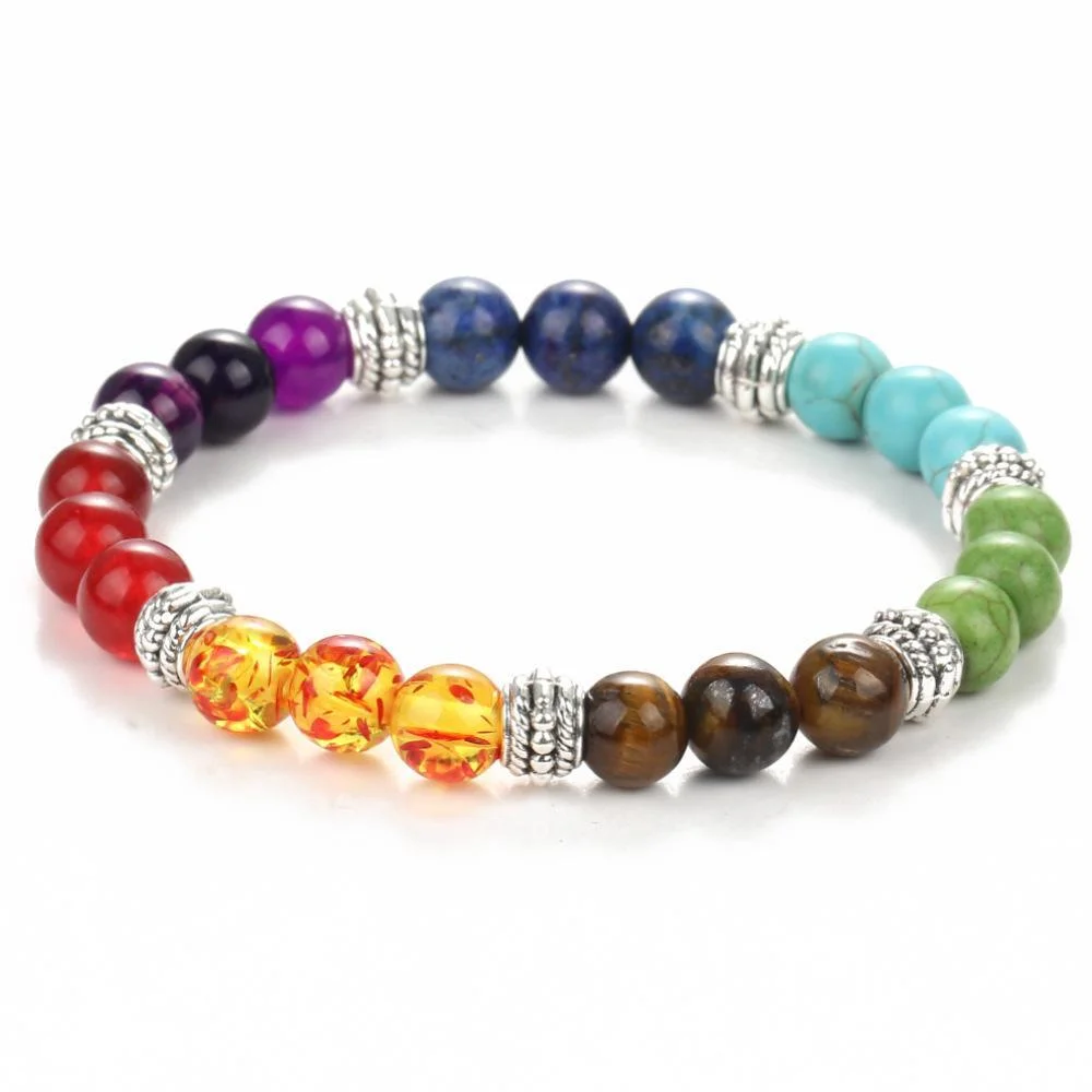 Natural stone stretch bracelet by Lilac Milo featuring seven smooth, round stones in earthy tones for stylish jewelry accessory.