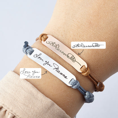 Personalized handwriting bracelet with handwritten signature jewelry by Green Millie, featuring a custom engraved signature on a stylish bracelet.