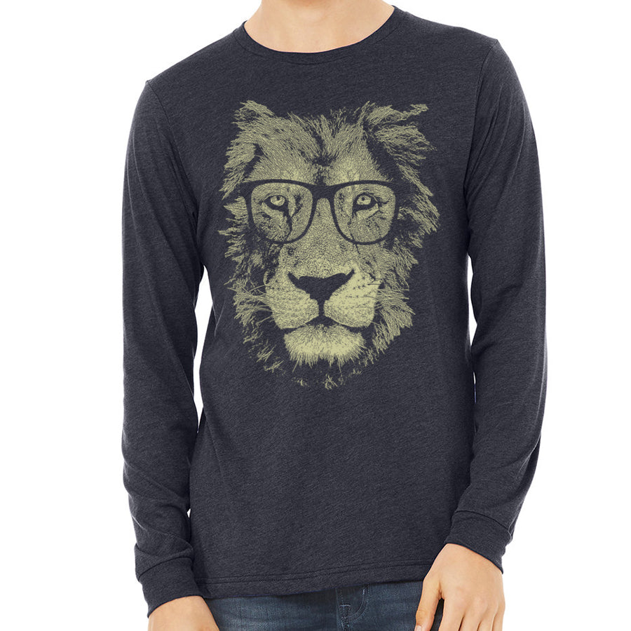 Lion wearing glasses long sleeve T-shirt by Indigo Tiger, featuring a stylish lion graphic on the front.