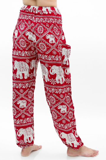 Burgundy boho elephant print pants for women by Tan Smokey, featuring hippie style, comfortable yoga-inspired design