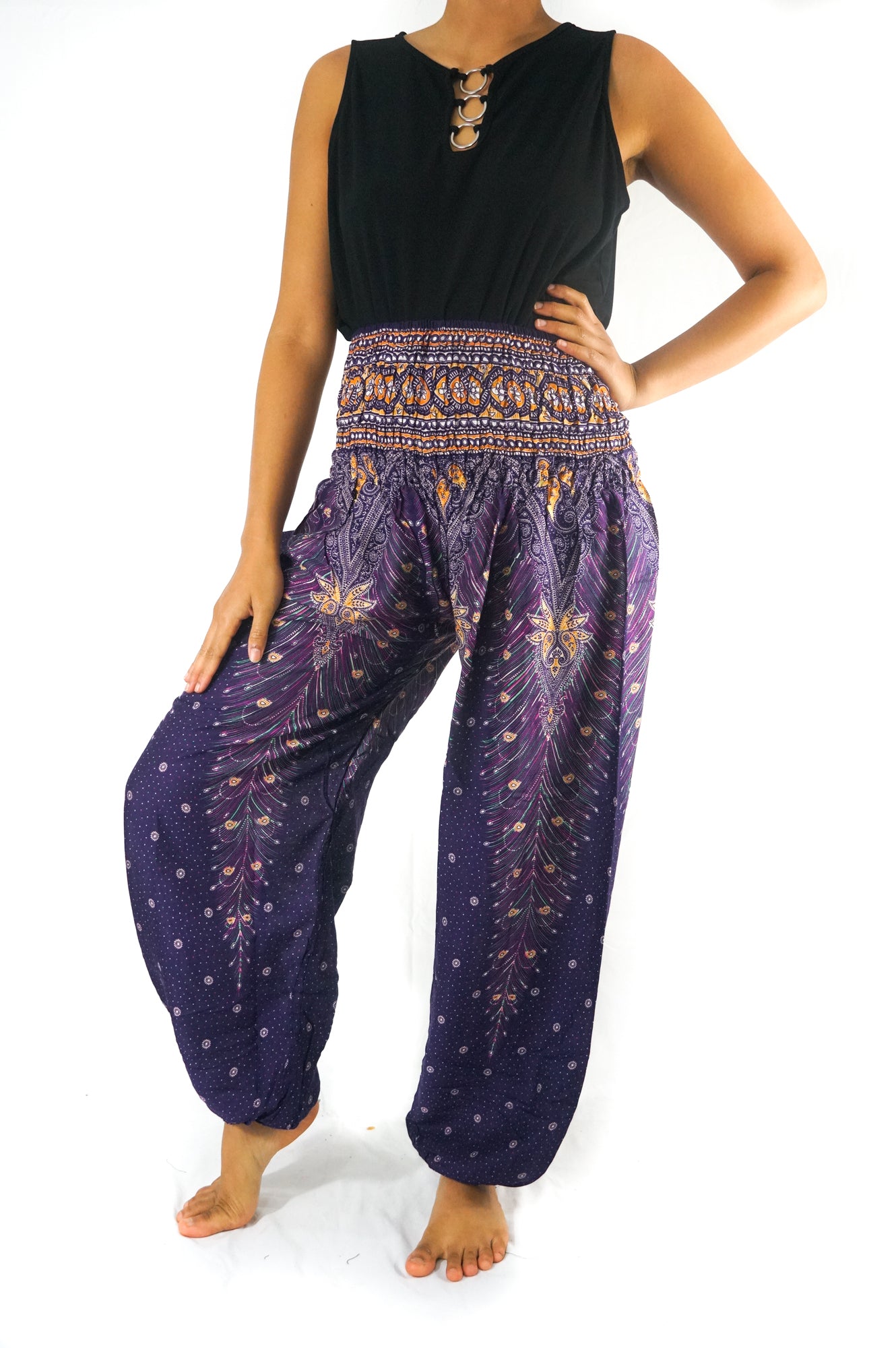 Purple PEACOCK Harem Pants for women by Tan Smokey featuring boho, hippie style with loose, flowing fabric and intricate patterns.