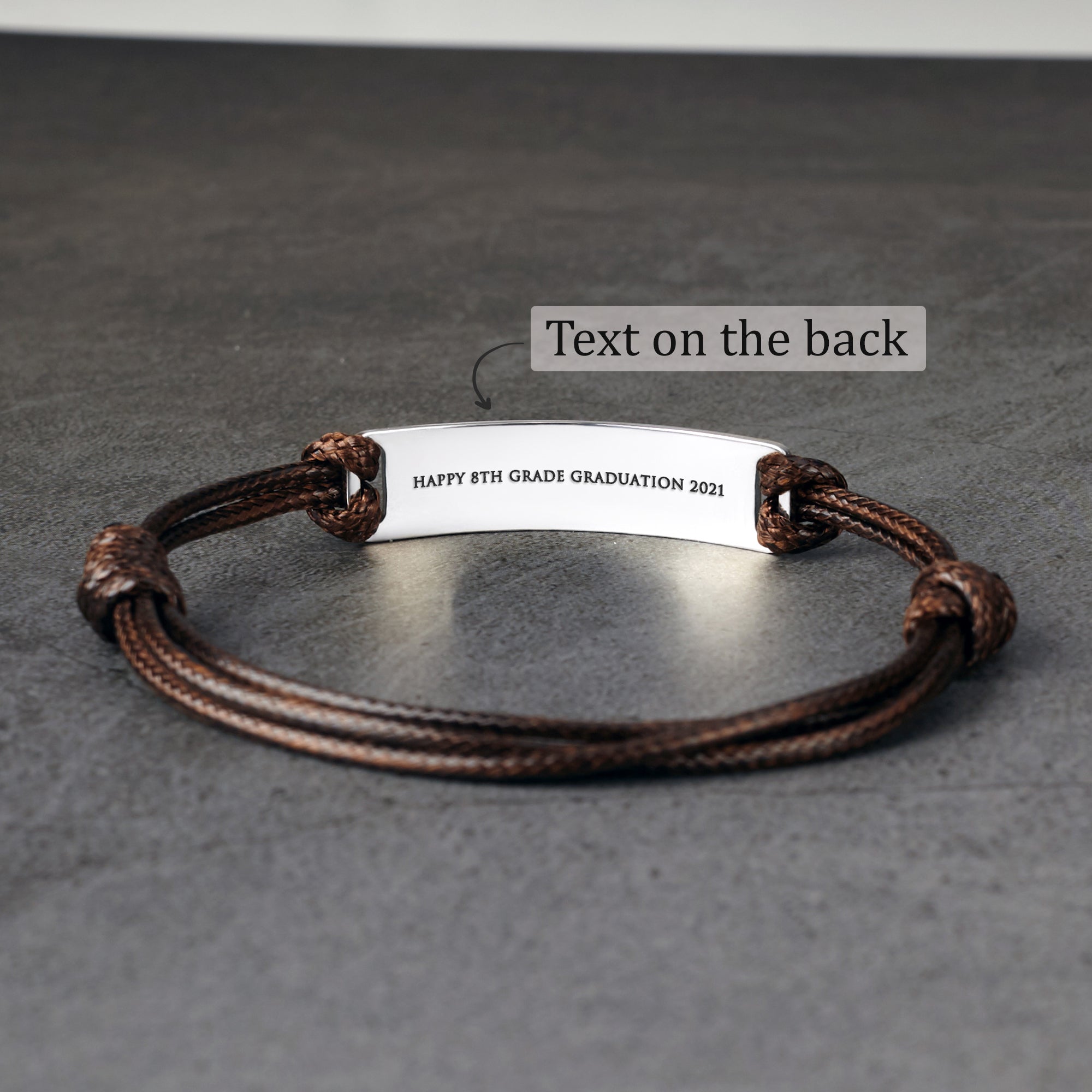 Green Millie personalized bracelet for son, featuring engraved message, ideal graduation gift from mom, casual and stylish jewelry.