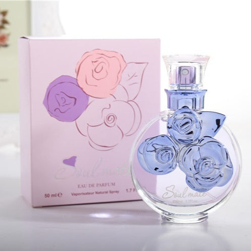 Carmine Juneberry Flower and Fruit Fragrance Soul Mate Perfume 50ml bottle, featuring floral and fruity design.