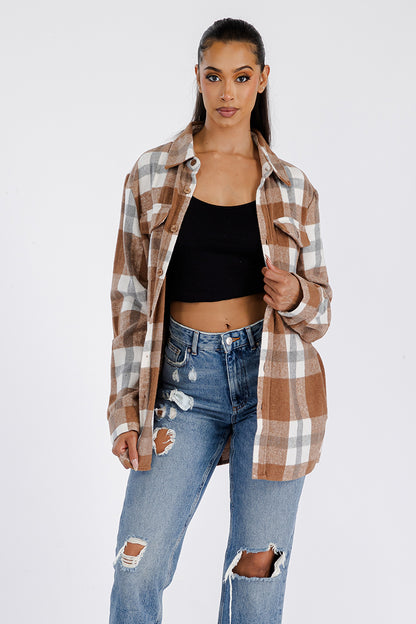 Lime Milo Boyfriend Oversized Soft Flannel Shacket in a cozy plaid design, perfect for casual layered styling.