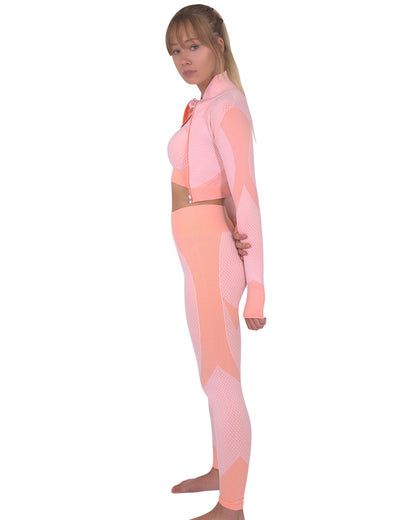 Lazurite Trois seamless pink sports jacket for activewear, shown on a model, highlighting the fitted, breathable design.