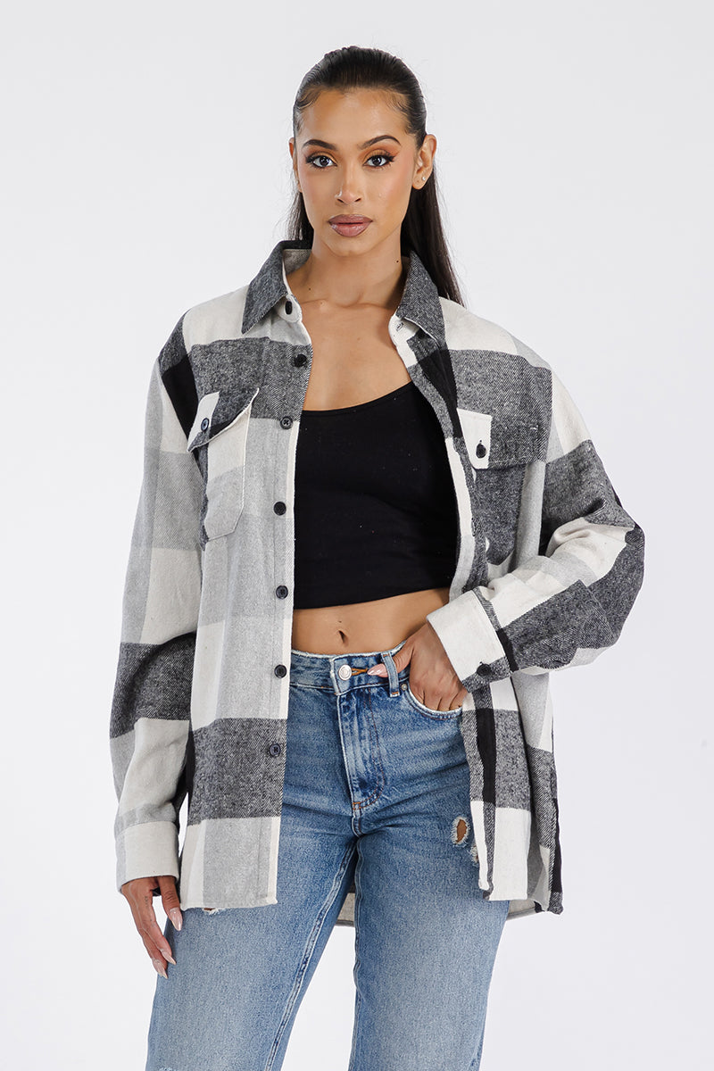 Lime Milo Boyfriend Oversized Soft Flannel Shacket in plaid, casual jacket with button closure and relaxed fit.