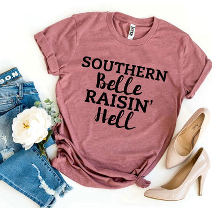 Agate Southern Belle Raisin’ Hell T-shirt featuring bold graphic design on a comfortable cotton tee.