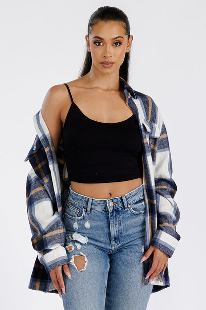 Lime Milo Boyfriend oversized soft flannel shacket in a casual jacket style, featuring a cozy, relaxed fit and button closure.