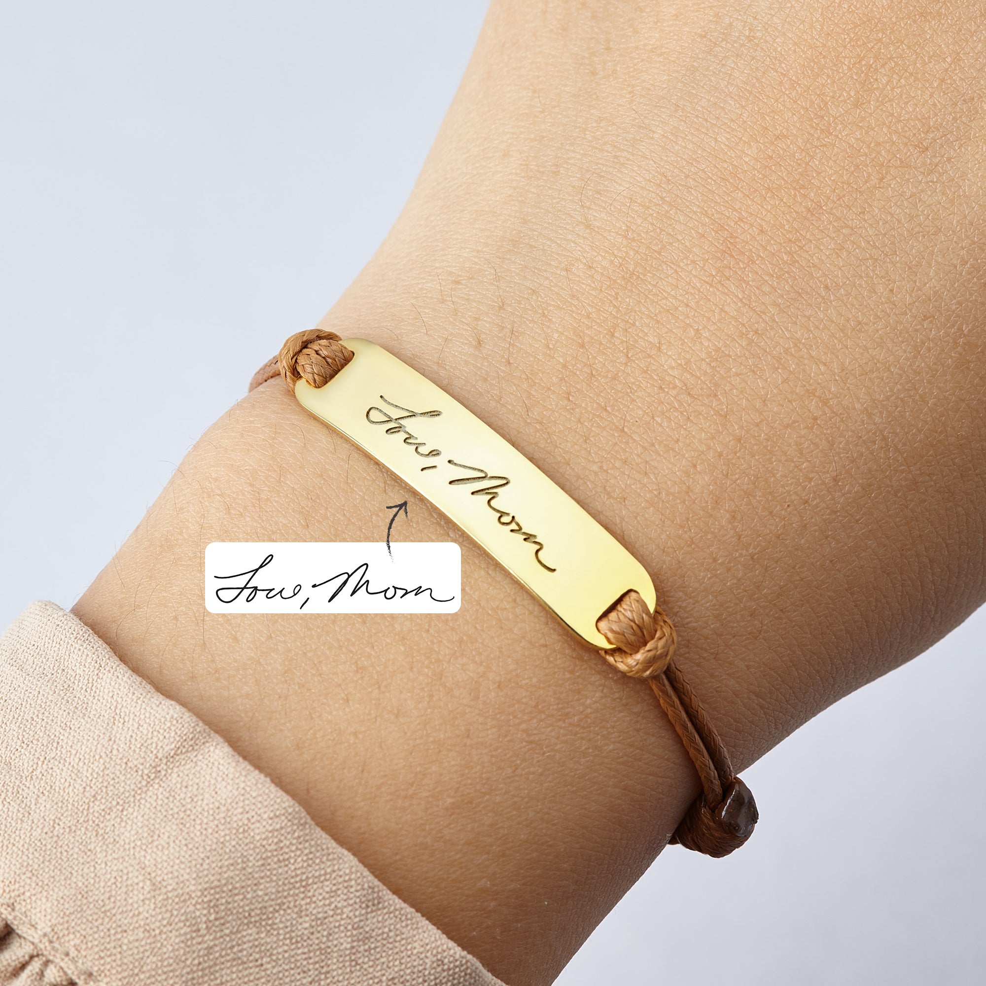Personalized Green Millie bracelet with handwritten signature charm, custom handwriting jewelry featuring a unique signature design.