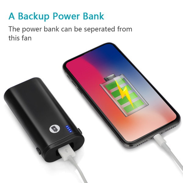 Lilac Milo portable 5200mAh power bank with built-in handheld USB fan, compact tech accessory for on-the-go charging and cooling.