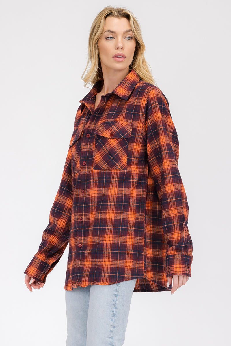 Lime Milo oversized boyfriend plaid checkered flannel top in red and black, casual long-sleeve blouse with a relaxed fit.
