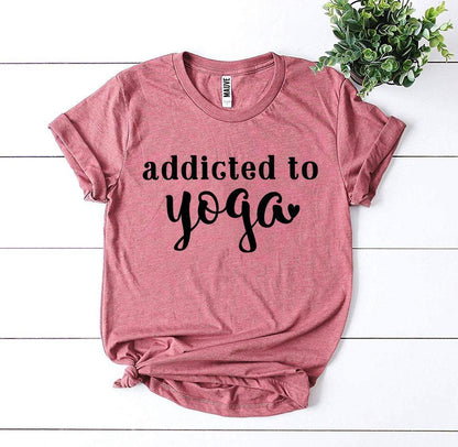 Agate Addicted To Yoga T-shirt showing a comfortable fit and stylish design on a white fabric background.
