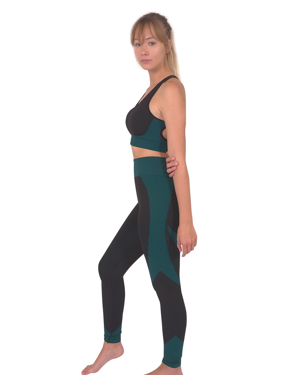 Lazurite Trois Seamless Sports Bra in black with blue accents, comfortable activewear for exercise and workouts.