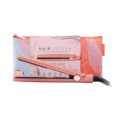 Sky Blue Thrace Hair Fetish Mini Flat Iron with designer travel pouch, compact hair straightener for on-the-go styling.