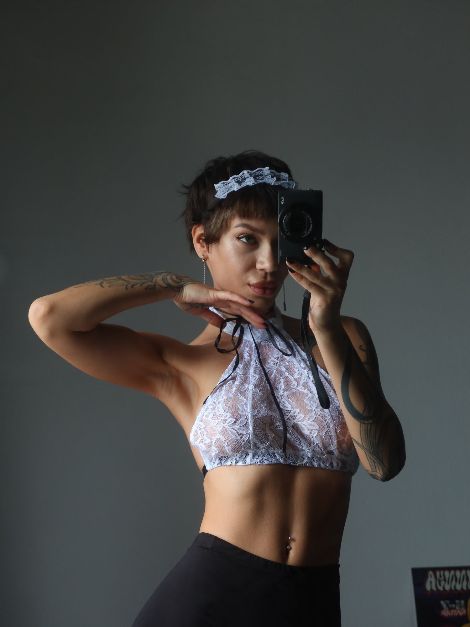 Brown Hercules French Maid lingerie set featuring a sexy black and white maid costume with ruffled details and matching accessories.