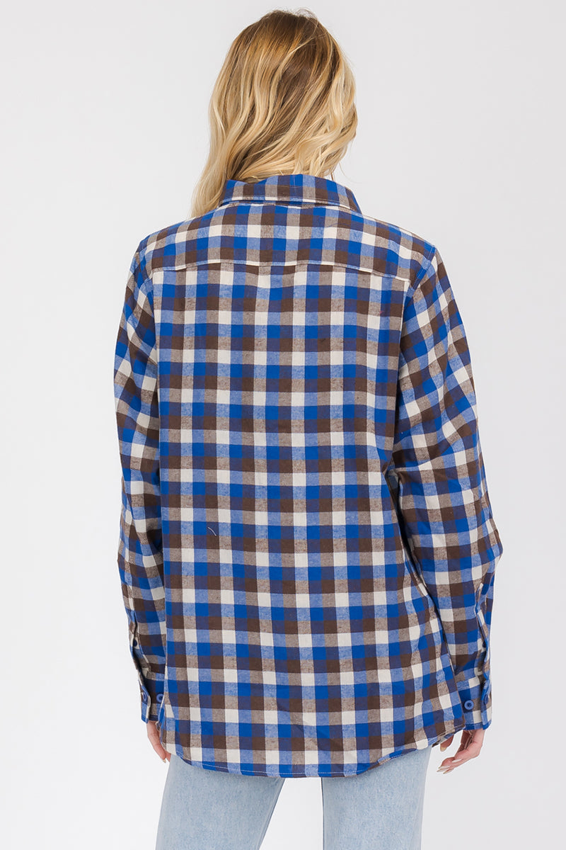 Lime Milo oversized boyfriend plaid checkered flannel top with long sleeves and classic pattern, casual and cozy for everyday wear.