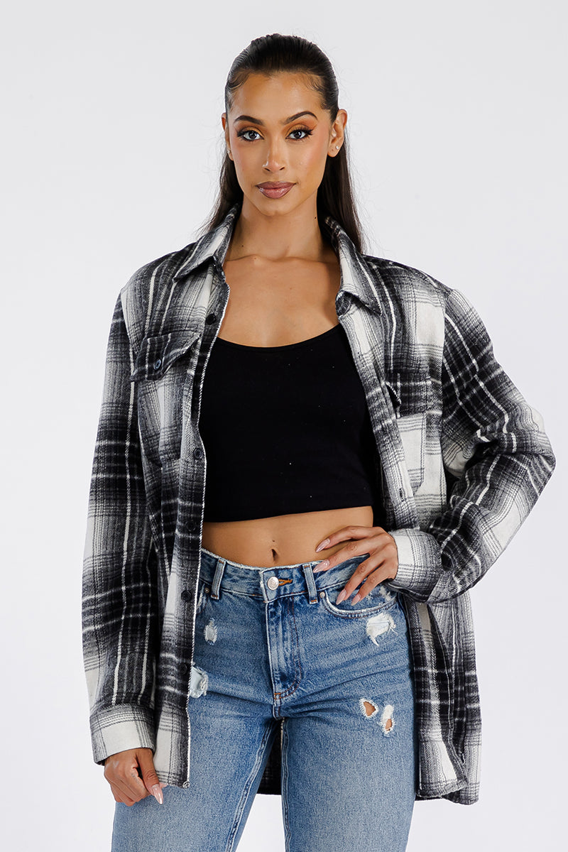 Lime Milo Boyfriend oversized soft flannel shacket in plaid, casual jackets and coats for women, with a relaxed fit and cozy fabric.