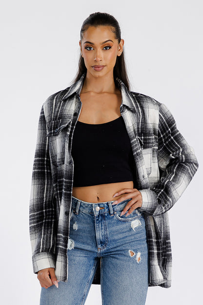 Lime Milo Boyfriend oversized soft flannel shacket in plaid, casual jackets and coats for women, with a relaxed fit and cozy fabric.