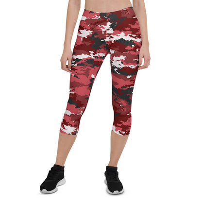 Maroon Sooty red camo activewear capri leggings with a fitted waistband, suitable for sports and casual wear.