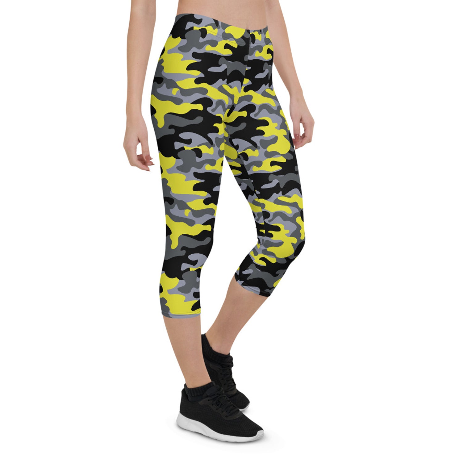 Maroon Sooty yellow and gray camo capri leggings, activewear with a fitted design, displayed on a neutral background.