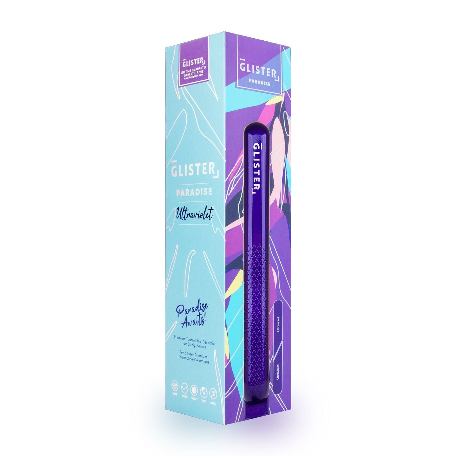 Sky Blue Thrace Paradise Flat Iron with tourmaline gemstone infusion, ultraviolet finish, for smooth, shiny hair styling.