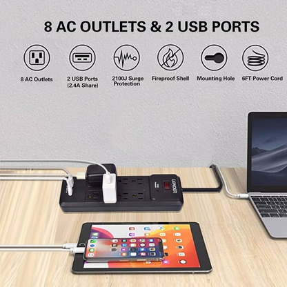 Lilac Milo 8 AC outlets and 2 USB charging ports power strip with a sleek black design for versatile electronic device charging.
